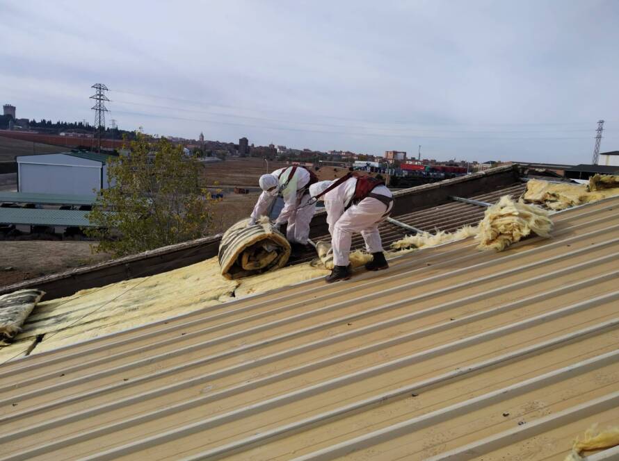 Trabajadores Viso Desamianta con equipo de protección eliminando amianto de techos