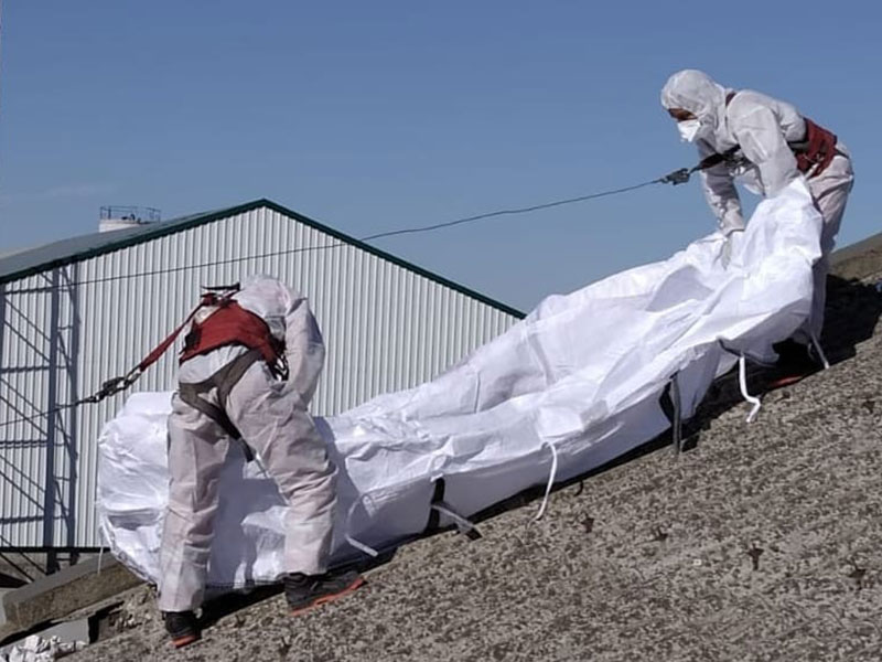 Trabajadores Viso Desamianta eliminando amianto en cubierta