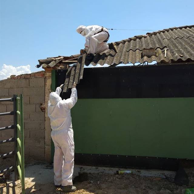 Trabajadores Viso Desamianta con equipo de protección retirando amianto de techos en Calera y chozas de Toledo