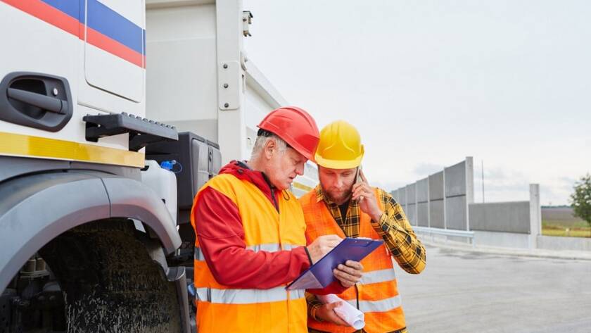 Trabajadores con epis y chaleco reflectante organizan retirada de amianto junto a camión Viso Desamianta