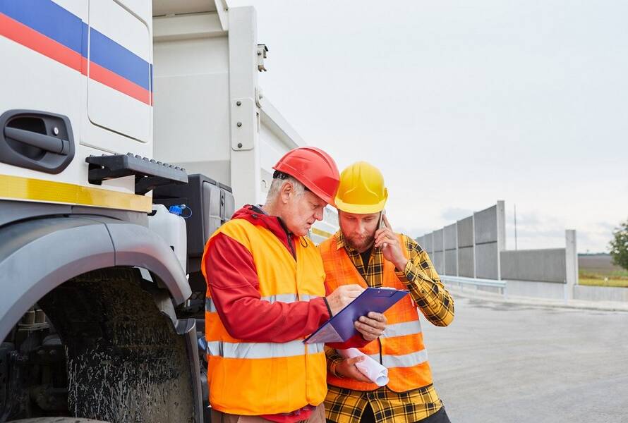 Trabajadores con epis y chaleco reflectante organizan retirada de amianto junto a camión Viso Desamianta